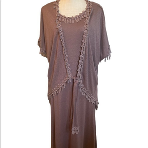 Linda Lundstrom dress with short sleeve jacket brown eggplant color with fringe‎